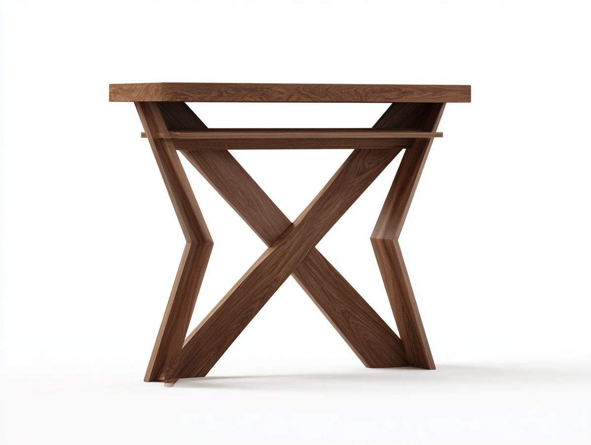 Console 118×36×80 cm - bois finition noyer marron - structure géométrique à pieds croisés pour chambre à coucher