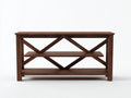 Console 150×40×85 cm - bois noyer foncé - 2 tablettes ouvertes et diagonales brisées pour chambre à coucher