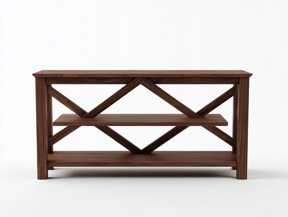 Console 150×40×85 cm - bois noyer foncé - 2 tablettes ouvertes et diagonales brisées pour chambre à coucher