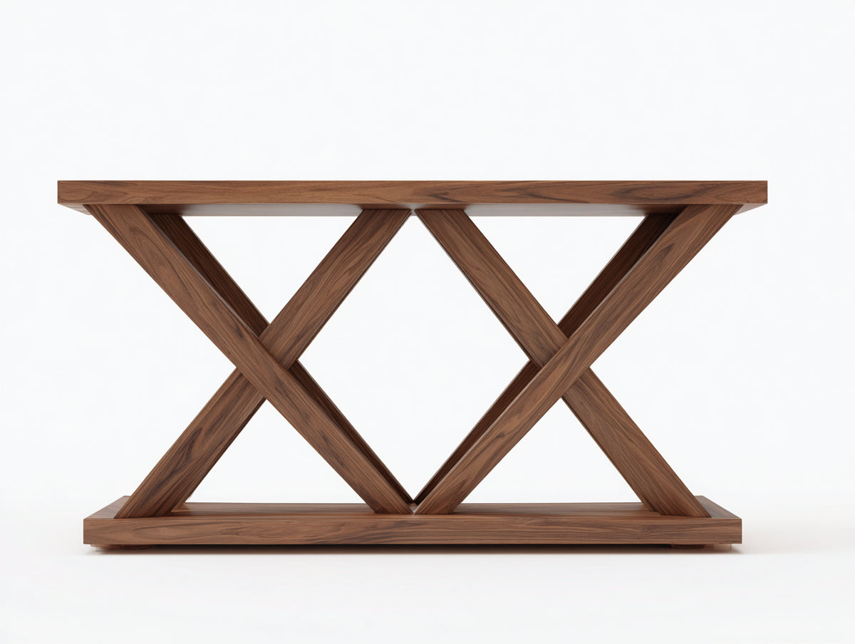 Console architecturale en bois 160×42×80 cm - marron noyer avec doubles croisillons et base large pour chambre à coucher