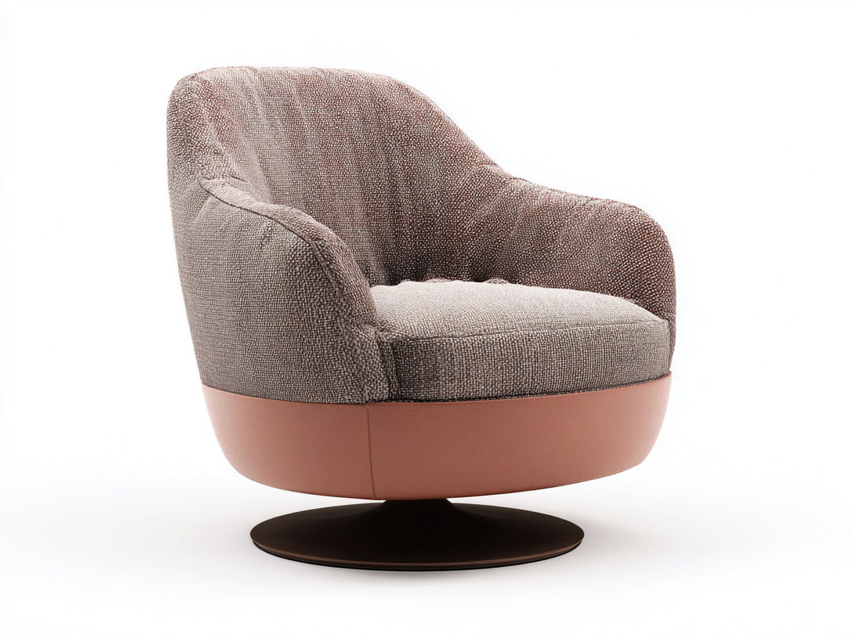 Fauteuil pivotant 94×90×82 cm - tissu marron et base rose clair - piètement métal noir pour salon