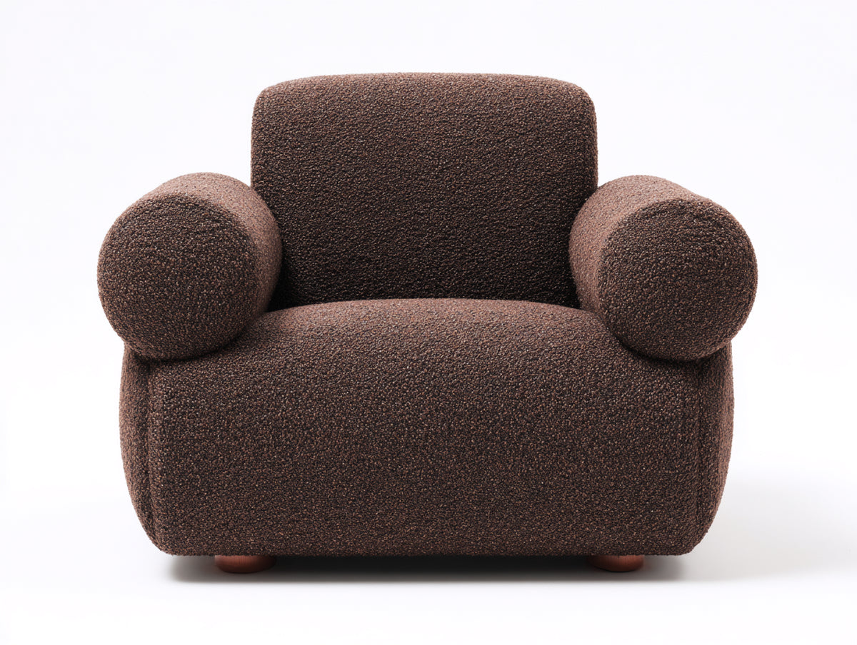 Fauteuil 105×92×82 cm - tissu bouclé marron et pieds en bois - accoudoirs cylindriques pour salon