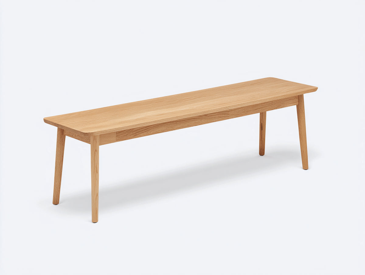 Banc 160×38×46 cm - chêne naturel - assise relevée et pieds inclinés pour salle à manger