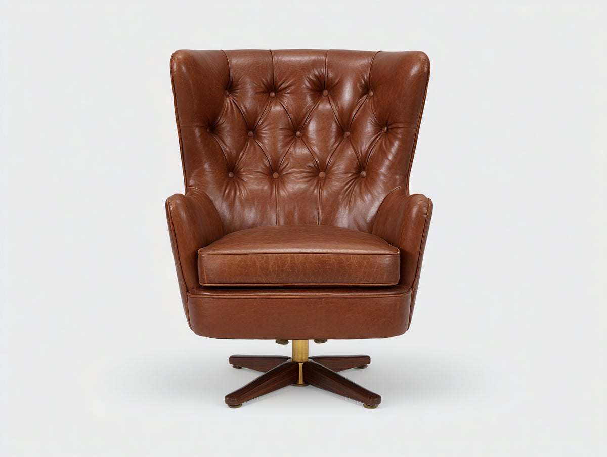 Fauteuil capitonné pivotant 82×88×105 cm - marron cognac avec dossier haut et piètement bois pour salon