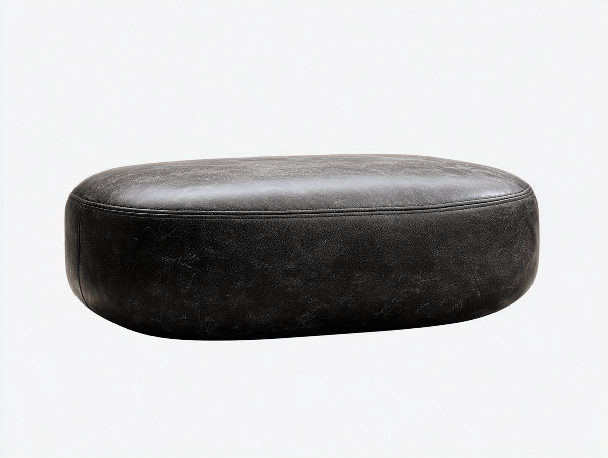 Tabouret 112×68×32 cm - cuir noir patiné - profil ovale allongé pour chambre à coucher