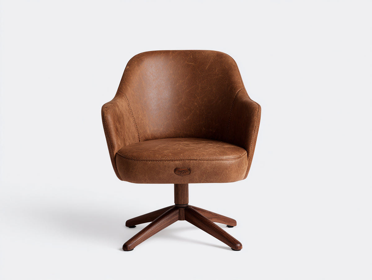 Fauteuil pivotant en similicuir 74×76×82 cm - marron cognac avec base en bois foncé pour salon