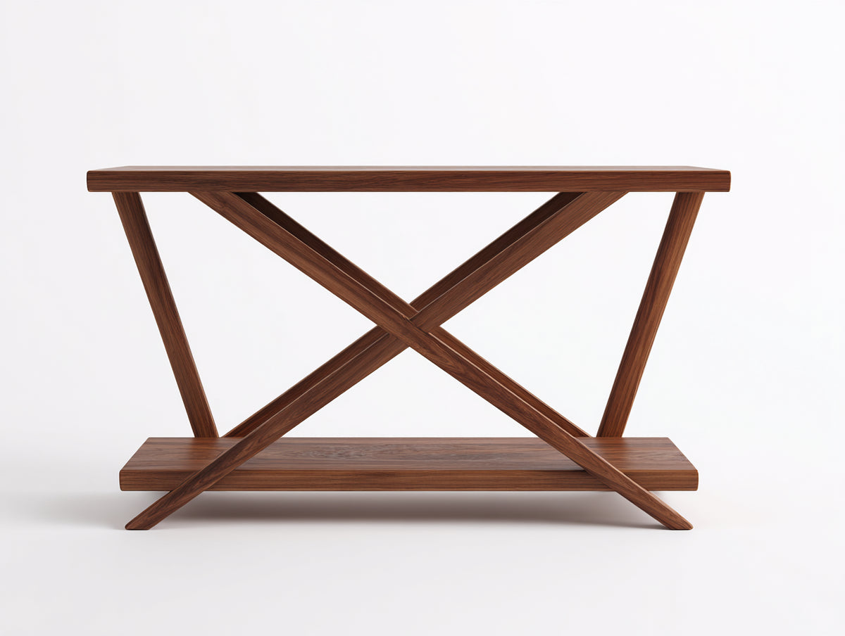 Console 150×38×80 cm - bois noyer acajou - supports croisés au sol et tablette basse pour chambre à coucher