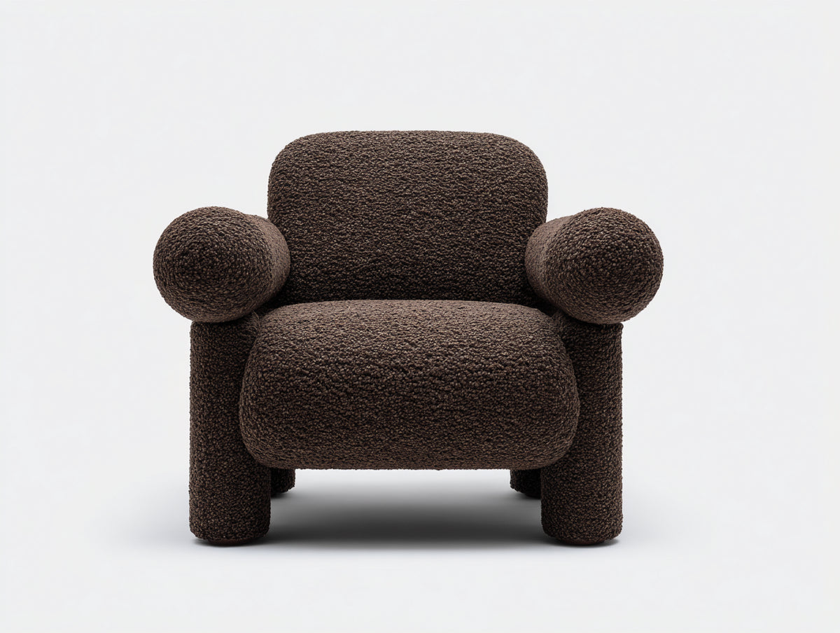 Fauteuil 92×88×84 cm - tissu bouclé marron foncé - assise profonde et accoudoirs ronds pour salon