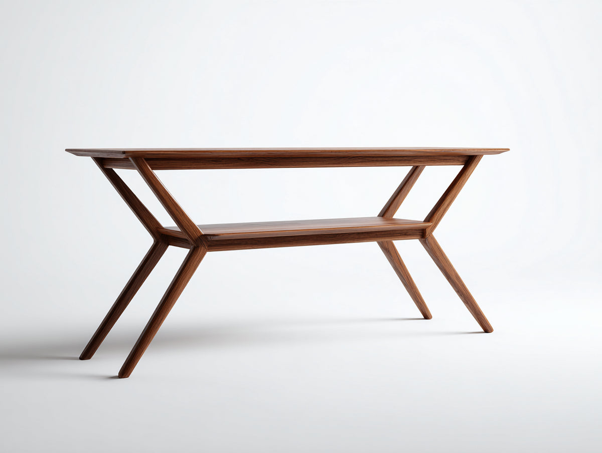 Console 160×42×82 cm - bois noyer chaud - pieds obliques et tablette suspendue pour chambre à coucher