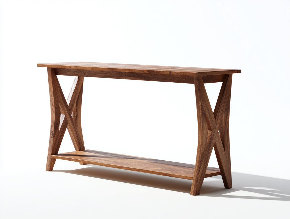 Console 140×40×82 cm - bois finition noyer marron avec piètement en X - tablette inférieure pour chambre à coucher