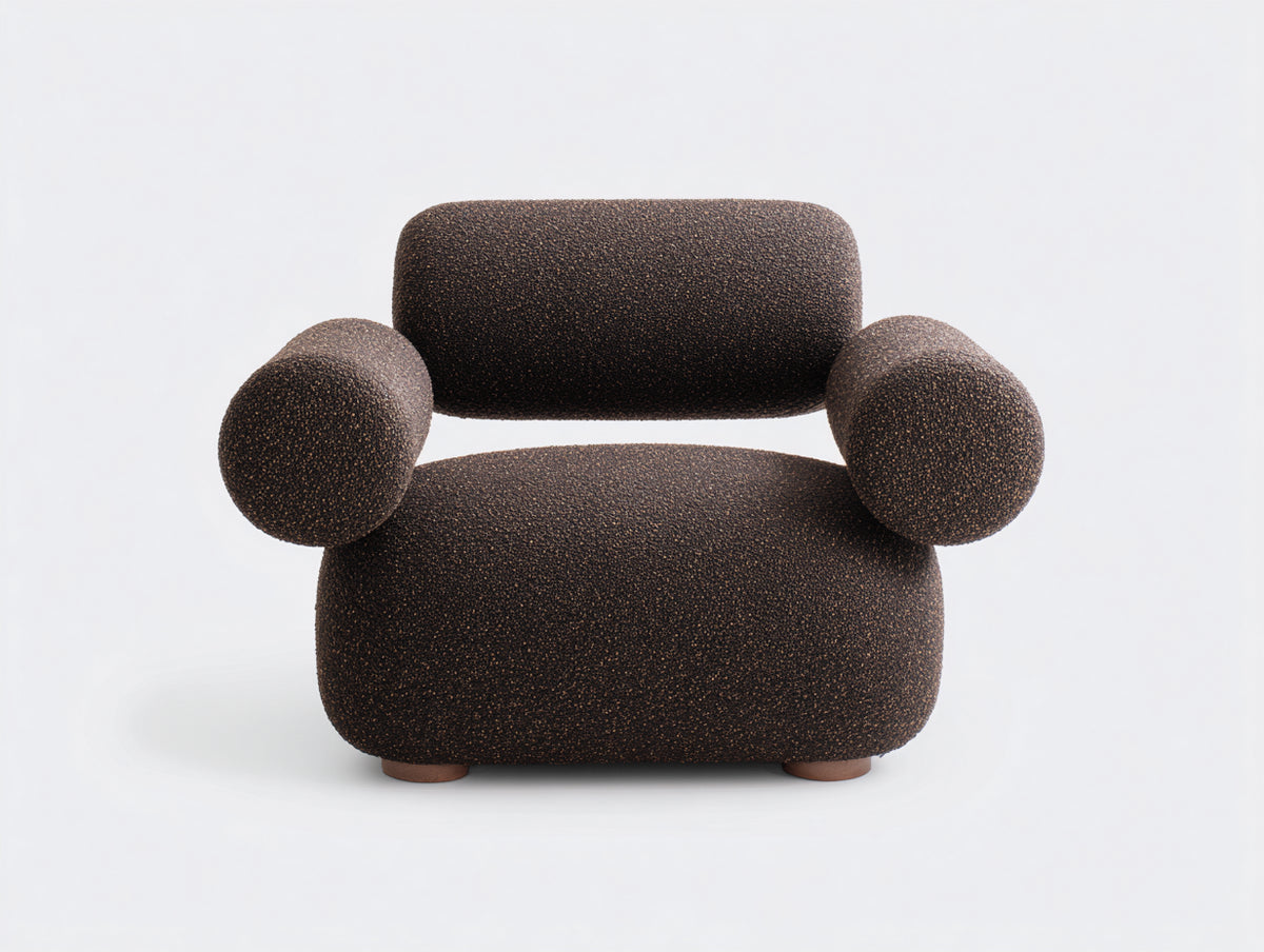 Fauteuil 96×88×78 cm - tissu bouclé brun foncé/camel - accoudoirs cylindriques pour salon